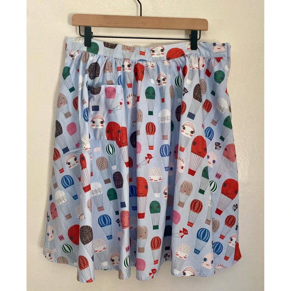 ModCloth Hot Air Balloon Print A-Line Skirt Blue Cotton XL Pocket Retro Style - Picture 2 of 14